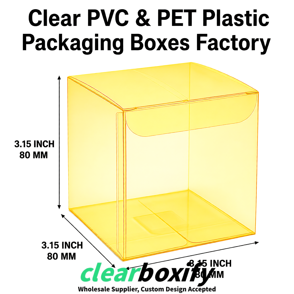 Yellow PPWR-ready PVC & PET Clear Boxes 80x80x80/120/140/190mm 70x70x160 mm Factory