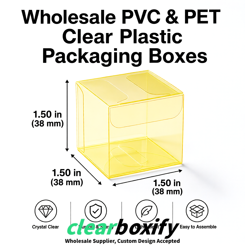 Yellow Clear PVC & PET Boxes 38x38x38, 40x40x40, 50x50x50/80mm