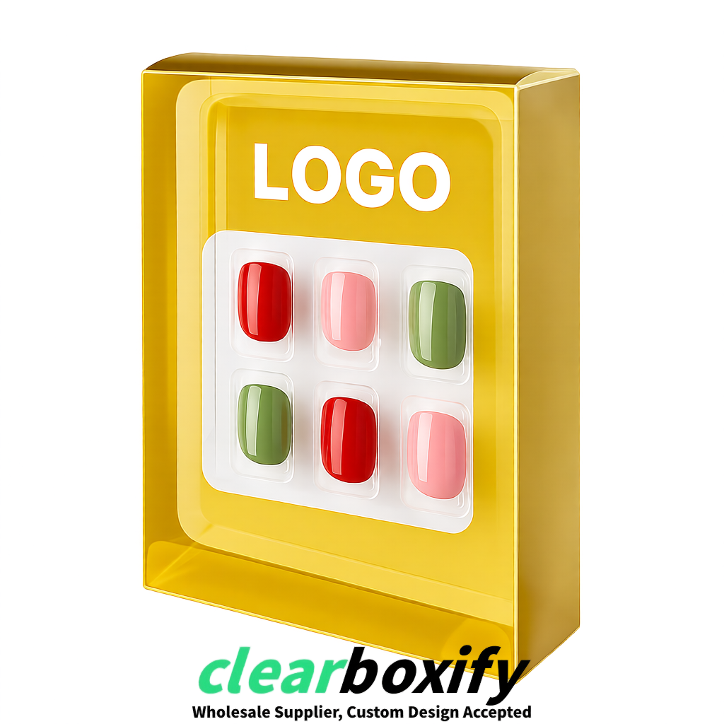 Yellow Clear Press-on Nails Box with Hanging Hook | Plastic PVC PP PET Packaging