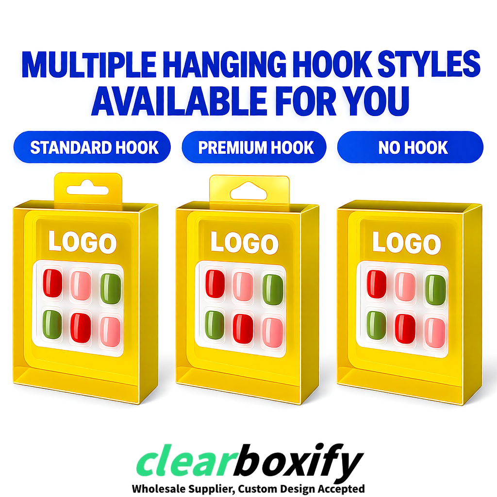 Yellow Clear Press-on Nails Box with Hanging Hook | Plastic PVC PP PET Packaging