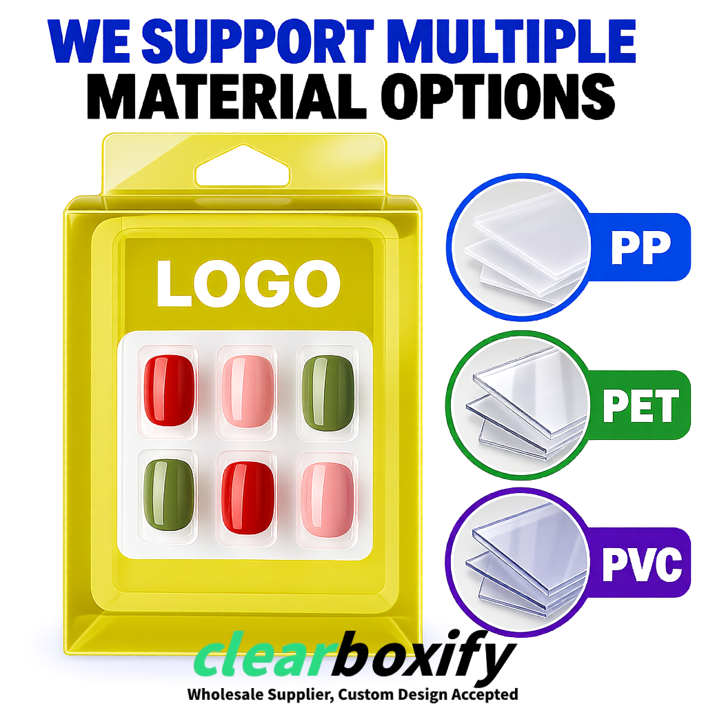 Yellow Clear Press-on Nails Box with Hanging Hook | Plastic PVC PP PET Packaging