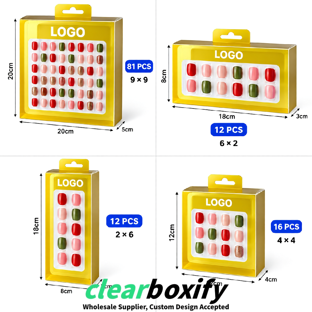 Yellow Clear Press-on Nails Box with Hanging Hook | Plastic PVC PP PET Packaging