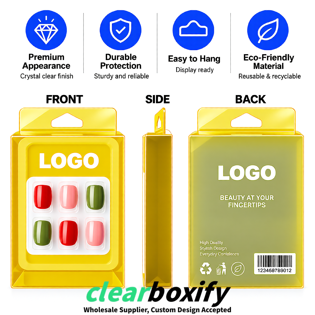 Yellow Clear Press-on Nails Box with Hanging Hook | Plastic PVC PP PET Packaging